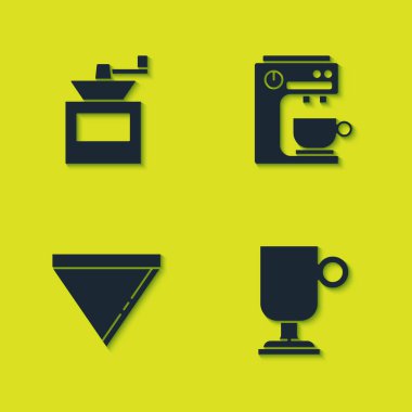 Elle kahve öğütücüsünü, İrlandalıyı, kahve kağıdı filtresini ve makine simgesini ayarlayın. Vektör.