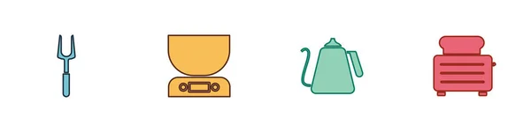 设置烤面包叉 电子秤 手柄水壶和烤面包机图标 — 图库矢量图片