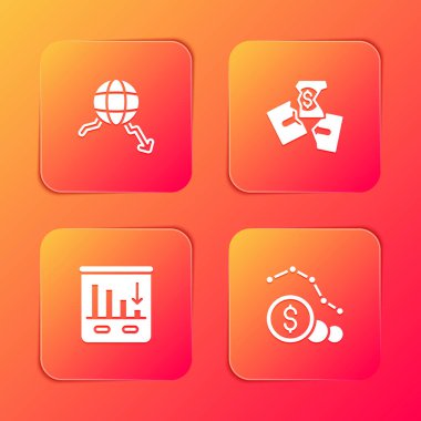 Küresel ekonomik kriz, para banknotu yırtılması, pasta grafiği bilgisi ve dolar oranı azaltımı simgesi. Vektör