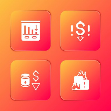 Pasta grafiği bilgisi, dolar oranı düşüşü, ham petrol fiyatını düşürme ve yanan ev simgesini ayarla. Vektör