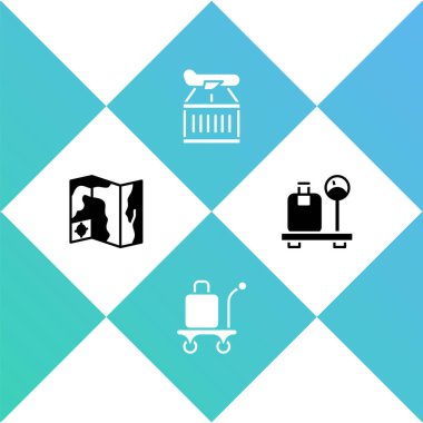 Dünya seyahati haritası, Trolley bagajı, bavul ikonuyla uçak ve ölçek ayarla. Vektör