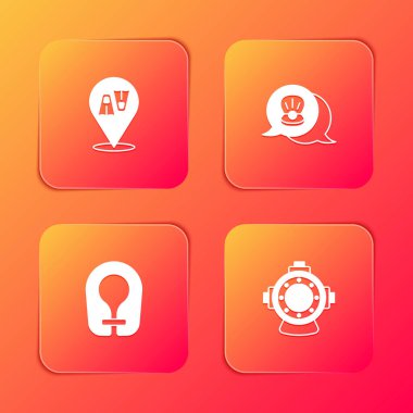 Flippers 'ı yüzme, deniz kabuğu, can yeleği ve Aqualung ikonu olarak ayarla. Vektör