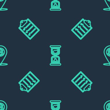 Satırı ayarla. Eski kum saati, listeli pano ve nakit lokasyon pimini pürüzsüz desenli. Vektör.