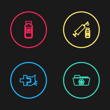 Veteriner kliniği, tıbbi kayıtlar klasörü, evcil hayvan aşısı ve evcil hayvan şişesi ikonu olan şırınga. Vektör.