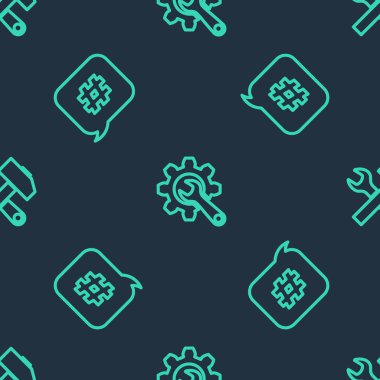 Hrench ve vites ayarlayın, Hashtag konuşma balonu ve çapraz çekiç anahtarı pürüzsüz desen üzerinde. Vektör.