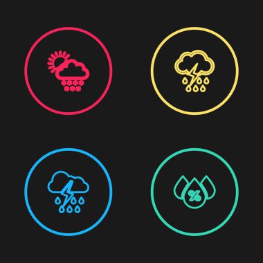 Bulut 'u yağmur ve yıldırımla, su damlası yüzdesiyle ve kar güneşinin simgesiyle aynı hizaya getir. Vektör.