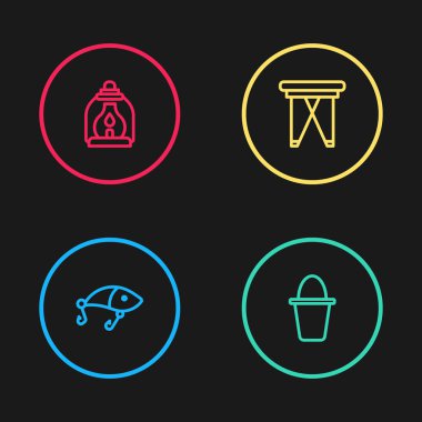 Olta yemi, kova, katlanır sandalye ve kamp feneri ikonu. Vektör