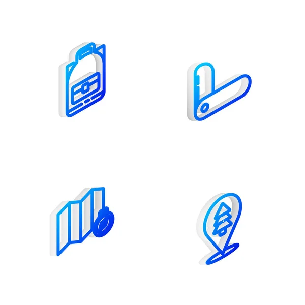 Zestaw Isometric Linii Szwajcarski Nóż Wojskowy Turystyka Plecak Lokalizacja Lasu — Wektor stockowy