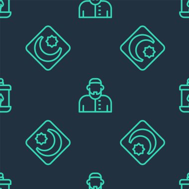 Müslüman adam, Yıldız ve Hilal ve Ramazan Kareem fenerlerini pürüzsüz desenlere göre dizin. Vektör