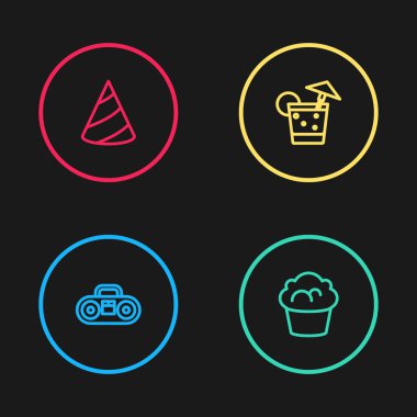 Ev teybini iki hoparlörlü ayarla. Muffin, Cocktail ve Party şapkası ikonu. Vektör