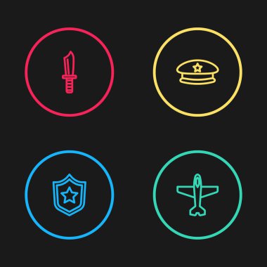 Polis rozeti, uçak, asker beresi ve bıçak ikonu. Vektör