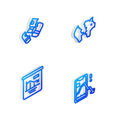 Isometric hattını ayarla Kırık domuz kumbarası, Kredi kartı, Pasta grafiği bilgisi ve mobil hisse senedi ikonu. Vektör