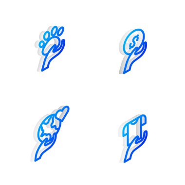 Isometric Hattı Bağış ve Yardım Hattı 'nı, Hayvan Gönüllüleri' ni, Dünya 'nın Toprak Küresi' ni ve Kıyafet Bağış Simgesini Ayarlayın. Vektör