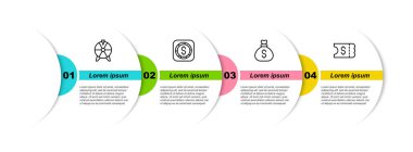 Şanslı tekerlek, dolarla para, para çantası ve piyango bileti. Ticari bilgi şablonu. Vektör