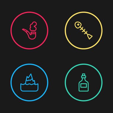 Buz dağı, rom şişesi, ölü balık ve tüten pipo ikonu. Vektör