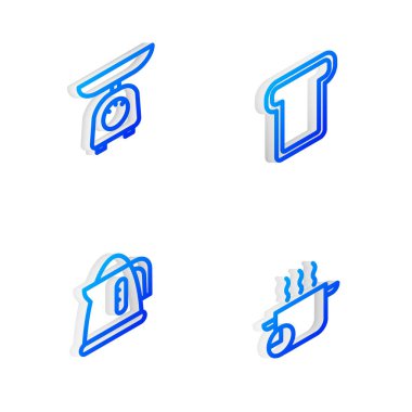 Isometric hattı ekmek tostu, pullar, elektrikli su ısıtıcısı ve tencere ikonu. Vektör