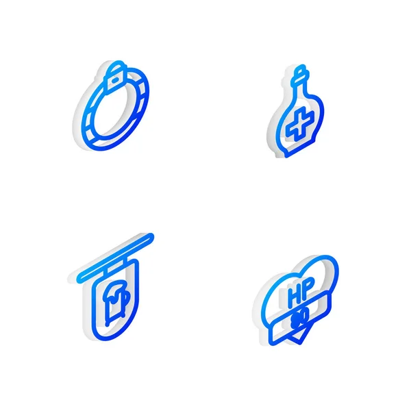 Set Línea Isométrica Botella Con Poción Anillo Piedra Mágica Barra — Archivo Imágenes Vectoriales