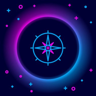 Parlayan neon çizgisi. Rüzgar simgesi siyah arkaplanda izole edilmiş. Seyahat için pusula simgesi. Navigasyon tasarımı. Renkli taslak konsepti. Vektör