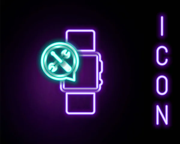 Linea Neon Brillante Smartwatch Con Cacciavite Icona Della Chiave Isolata — Vettoriale Stock