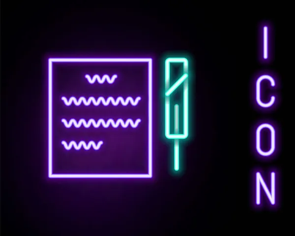 Leuchtende Neon Linie Feder Stift Und Papier Scroll Symbol Isoliert — Stockvektor