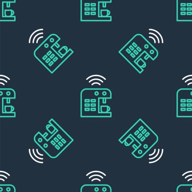 Line Smart kahve makinesi simgesi siyah arka planda izole edilmiş. İnternet kavramının kablosuz bağlantısı. Vektör