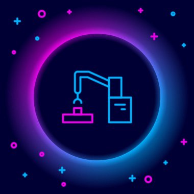 Parlayan neon hattı endüstriyel robot robot kol fabrikası simgesi siyah arka planda izole edildi. Endüstriyel robot manipülatörü. Renkli taslak konsepti. Vektör