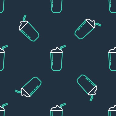 Çizgi milkshake simgesi siyah arkaplanda izole edilmiş. Kapaklı ve samanlı plastik bardak. Vektör