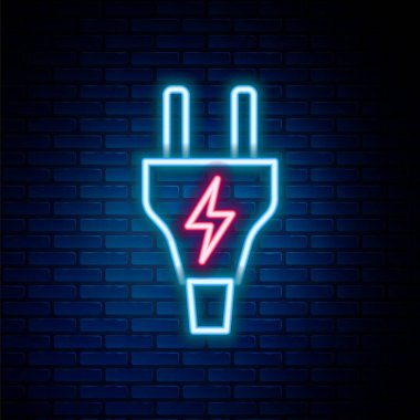 Parlayan neon hattı elektrik prizi simgesi tuğla duvar arka planında izole edildi. Bağlantı kavramı ve elektriğin kesilmesi. Renkli taslak konsepti. Vektör