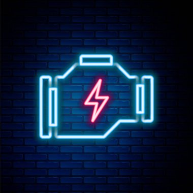 Parlayan neon hat kontrol motoru simgesi tuğla duvar arkasında izole edildi. Renkli taslak konsepti. Vektör