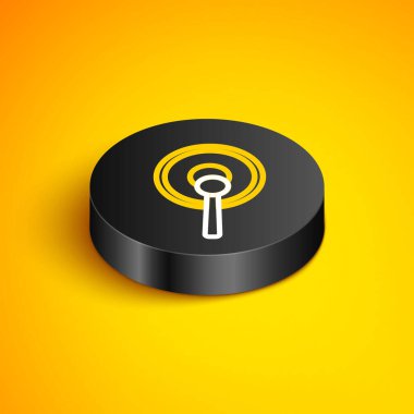 Isometric line Gong musical percussion instrument circular metal disc and hammer icon isolated on yellow background. Black circle button. Vector vector