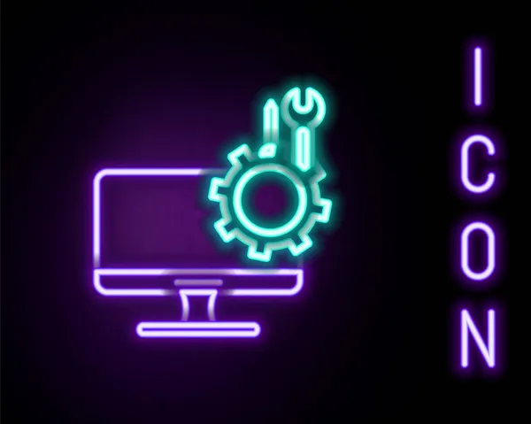 Λαμπερό Neon Line Οθόνη Υπολογιστή Κατσαβίδι Και Κλειδί Εικονίδιο Που — Διανυσματικό Αρχείο