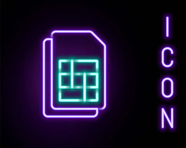 黒の背景に隔離されたネオンラインのSimカードアイコンを光る 携帯電話のSimカードチップ モバイル通信技術のシンボル カラフルなアウトラインコンセプト ベクトル — ストックベクタ