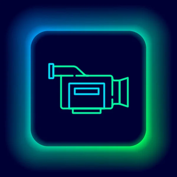 Ragyogó Neon Vonal Mozi Kamera Ikon Elszigetelt Fekete Háttérrel Videókamera — Stock Vector