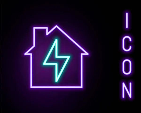 Gloeiende Neon Lijn Huis Bliksem Pictogram Geïsoleerd Zwarte Achtergrond Huisenergie — Stockvector