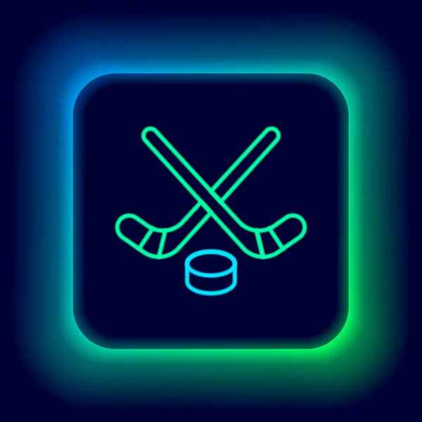 Gloeiende Neon Lijn Ijshockeysticks Puck Icoon Geïsoleerd Zwarte Achtergrond Spelstart — Stockvector