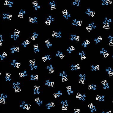 Çizgi Uyarı hava aracı simgesi siyah arkaplanda izole edilmiş. Bozuk uçak. Yasak bölgede uçmak. Uçak taşımak ve seyahat etmek yasaktır. Vektör