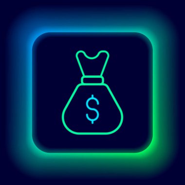 Parlayan neon hattı. Eski para çantası simgesi siyah arka planda izole edilmiş. Nakit bankacılık tabelası. Renkli taslak konsepti. Vektör