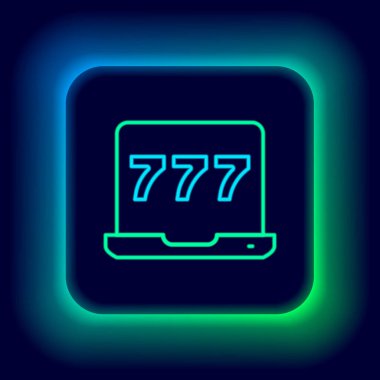 Parlak neon hattı dizüstü bilgisayar ve slot makinesi. Siyah arka planda izole edilmiş şanslı yedili ikramiye ikonu. İnternetteki kumarhane. Renkli taslak konsepti. Vektör