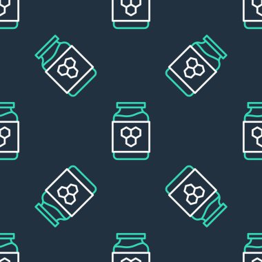 Bal simgesinin çizgi kavanozu siyah arkaplanda izole edilmiş kusursuz desen. Yiyecek bankası. Tatlı doğal gıda sembolü. Vektör