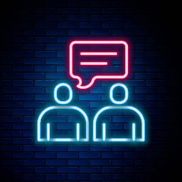ネオンラインを輝くレンガの壁の背景に隔離されたアイコンを話す2人の座っている男性 スピーチバブルチャット メッセージアイコン コミュニケーションやコメントチャットシンボル カラフルなアウトラインコンセプト ベクトル — ストックベクタ