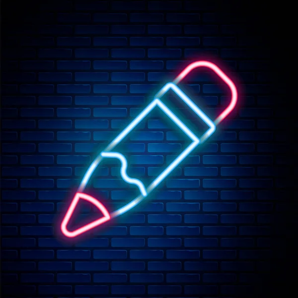 Leuchtende Leuchtschrift Bleistift Mit Radiergummi Symbol Isoliert Auf Backsteinwand Hintergrund — Stockvektor