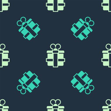 Yeşil ve bej hediye kutusu simgesi mavi arka planda izole edilmiş kusursuz desen. Vektör