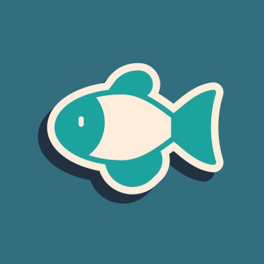 Yeşil balık simgesi yeşil arkaplanda izole edildi. Uzun gölge tarzı. Vektör