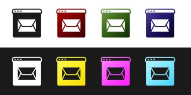 Web sitesi ve zarf, yeni ileti, posta simgesi siyah beyaz arkaplanda izole edildi. E-posta bültenleri, başlıklar, blog yazıları için kullanım. Vektör