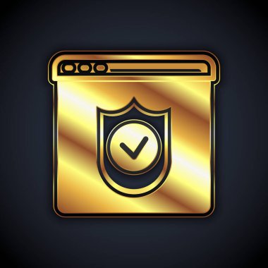 Siyah arkaplanda izole edilmiş kalkan simgesi olan Altın Tarayıcı. Güvenlik, güvenlik, koruma, gizlilik kavramı. Vektör