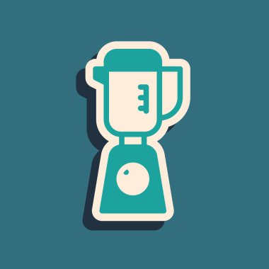 Yeşil blender simgesi yeşil arkaplanda izole edildi. Mutfak elektrikli kırıcı ve kase. Meyve suyu, kokteyl ya da meyve suyu. Uzun gölge tarzı. Vektör