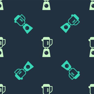 Yeşil ve bej karıştırıcı simgesi mavi arkaplanda izole edilmiş pürüzsüz desen. Mutfak elektrikli kırıcı ve kase. Meyve suyu, kokteyl ya da meyve suyu. Vektör