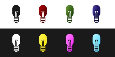 Siyah ve beyaz arkaplanda izole edilmiş fikir simgesi kavramına sahip bir ampul ayarla. Enerji ve fikir sembolü. İlham konsepti. Vektör