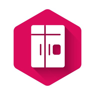 Beyaz Buzdolabı simgesi uzun gölge arkaplanı ile izole edilmiş. Buzdolabı buzdolabı. Ev aletleri ve aletler. Pembe altıgen düğmesi. Vektör