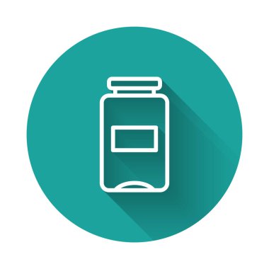 Beyaz çizgi reçel kavanozu simgesi uzun gölge arkaplanı ile izole edildi. Yeşil daire düğmesi. Vektör